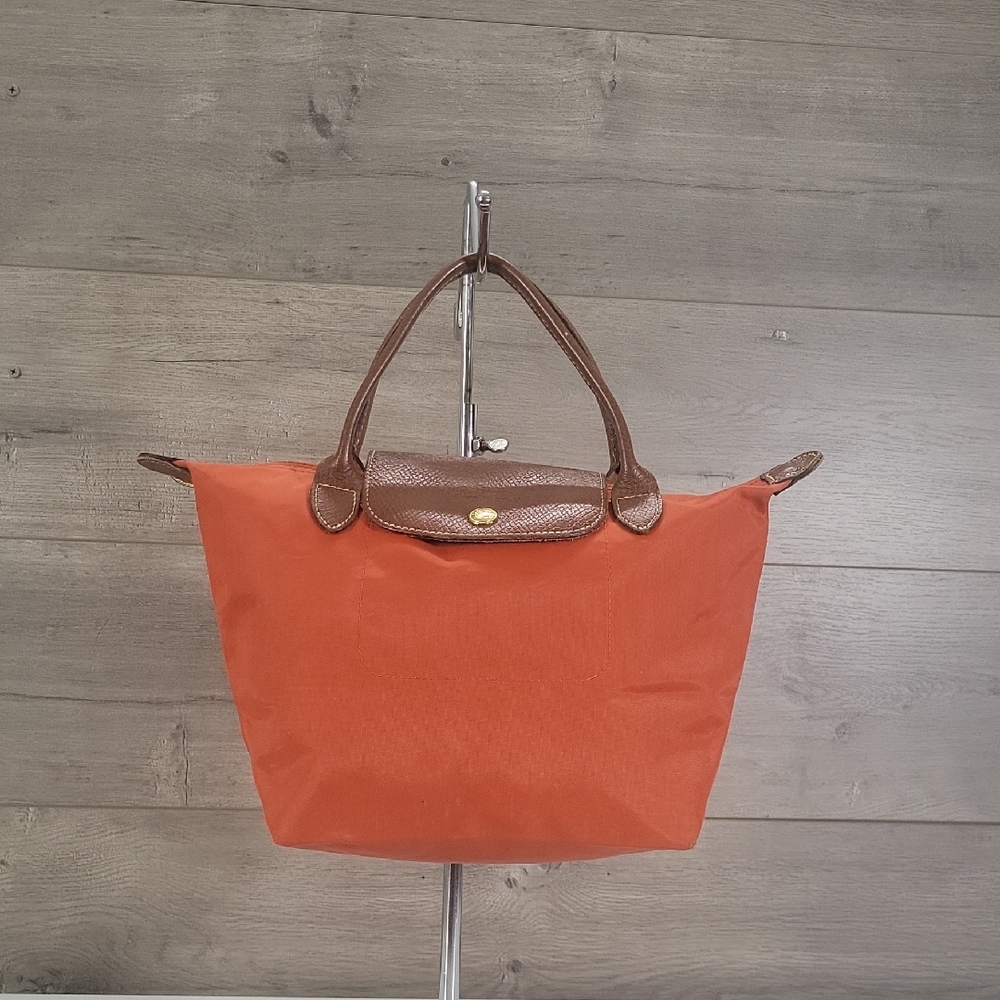 Small Longchamp Orange Nylon Tote with Brown Leather Trim